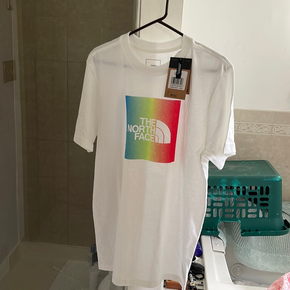 Men’s medium white Northface T-shirt with rainbow
